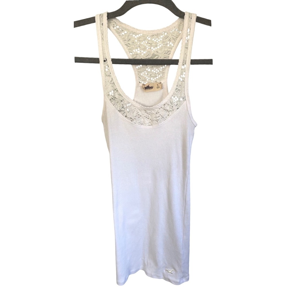 Vintage Hollister White Lace Racerback Ribbed Tank Top Small Y2K Coquette